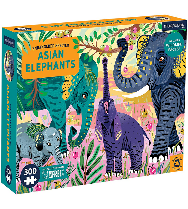 Puzzle 300pcs, elefante asiático, peligro de extinción - Mudpuppy